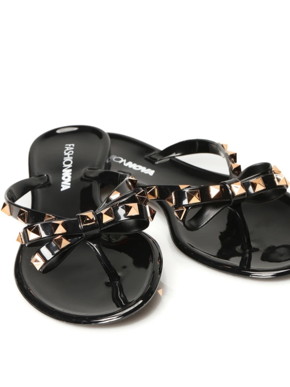 Fashion Nova Black Jelly Bow Sandals with Gold Studs